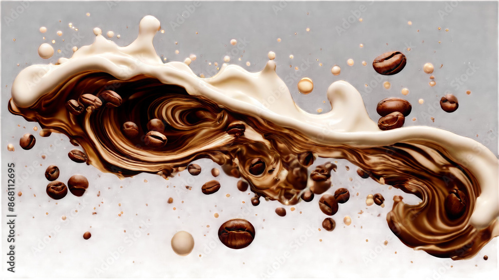 Poster milk brown coffee liquid swirl splash and little bubbles with falling coffee beans isolated on trans
