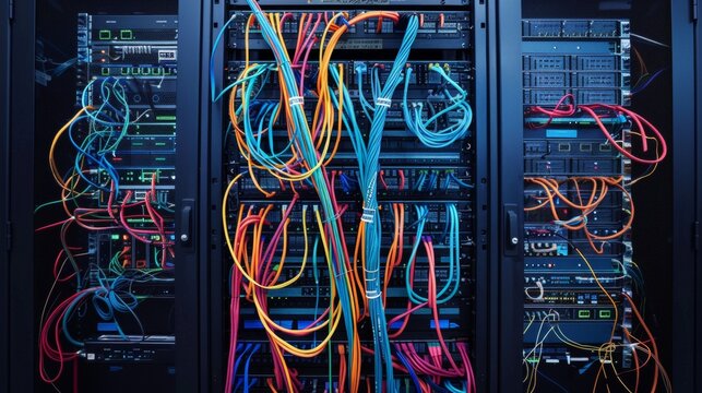 Network rack wiring diagram in blueprint style, color-coded cables, patch panel layouts, meticulous labeling