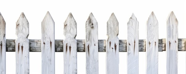 White wooden fence with aged and weathered texture, isolated on white background. Rustic and vintage concept