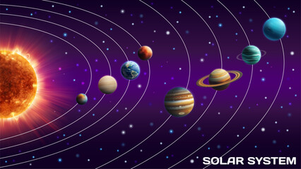 Solar system. Space planets. Orbit infographic. Astronomy science. Cosmic universe. Planetary rings. Motion around sun. Galactic map. Earth orbital rotation. Pluto circles. Vector educational poster © Natalia