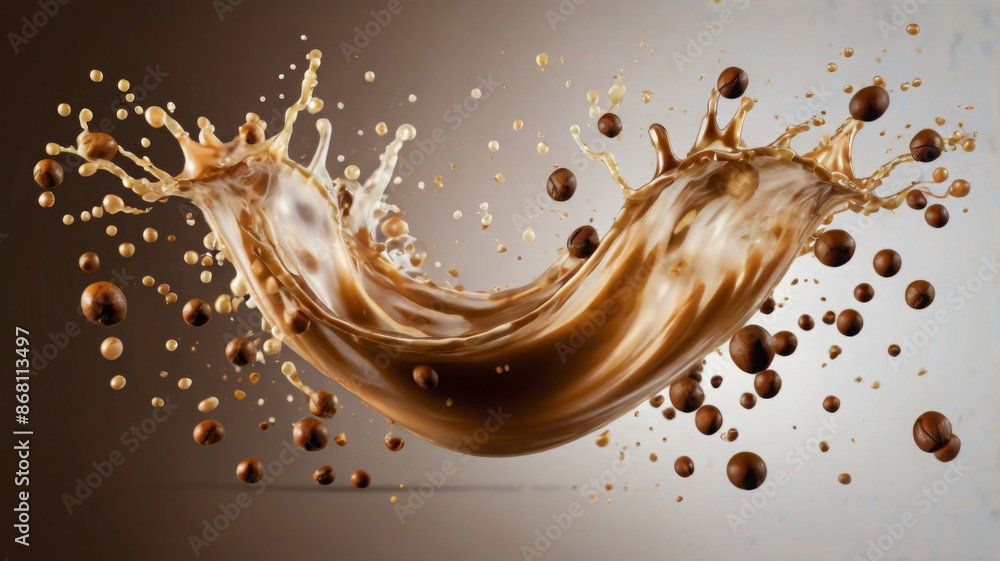 Poster milk brown coffee liquid swirl splash and little bubbles with falling coffee beans isolated on trans