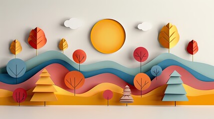 Papercut autumn background, layered hills and fall colors, vibrant and warm