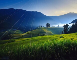 Fototapeta premium Natural views that show the beauty of the countryside with views of rice fields and mountains 