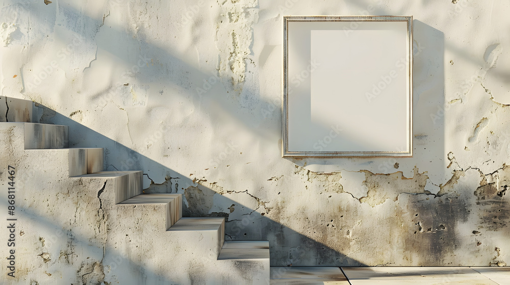 Poster sunlight casts shadows on minimalist stone steps and a blank frame on a textured wall, creating a se