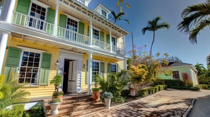 historic inn with sage green Bahama shutters, in a picturesque village