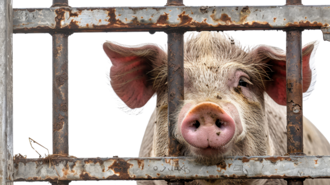 Sad pig looking through gap in steel gate on transparent background