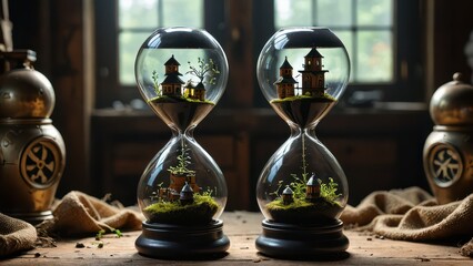 Miniature Houses in Hourglass Terrariums.