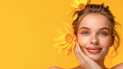 Fototapeta premium Radiant woman with flawless skin showcasing skincare and cosmetics products on copy space