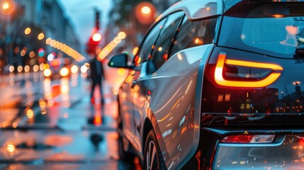 Modern Electric Ride-Sharing Car in Urban Setting with Pedestrians and Traffic Lights
