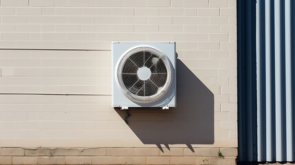 The image shows an air conditioning unit mounted on an outside wall ,Unit is white with a round fan and is mounted on the side of a building