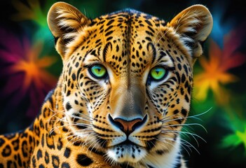 Obraz premium leopard with abstract, kaleidoscopic spots covering its body and piercing green eyes that stand out against the colorful fur pattern