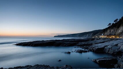 Minimalist Coastal House with Blue Hour Sky.
