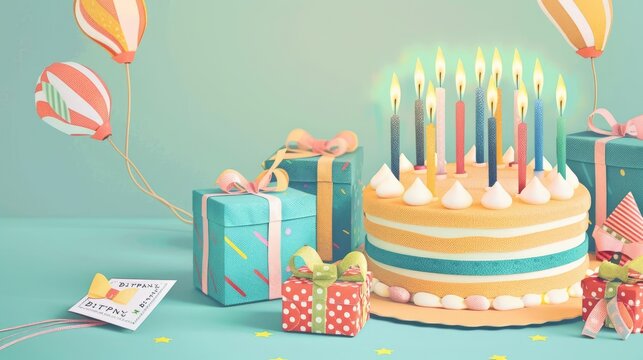 Delightful birthday background, cake with candles, delightful gift boxes, and a lovely birthday card, [birthday, candles, cake, gift boxes], [delightful celebration] - Powered by Adobe
