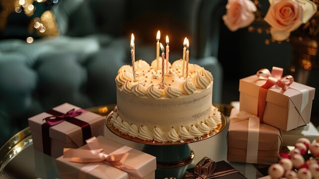 Elegant birthday scene, stylish cake with candles, luxury gift boxes, and a sophisticated greeting card, [birthday, candles, cake, gift boxes], [elegant birthday]