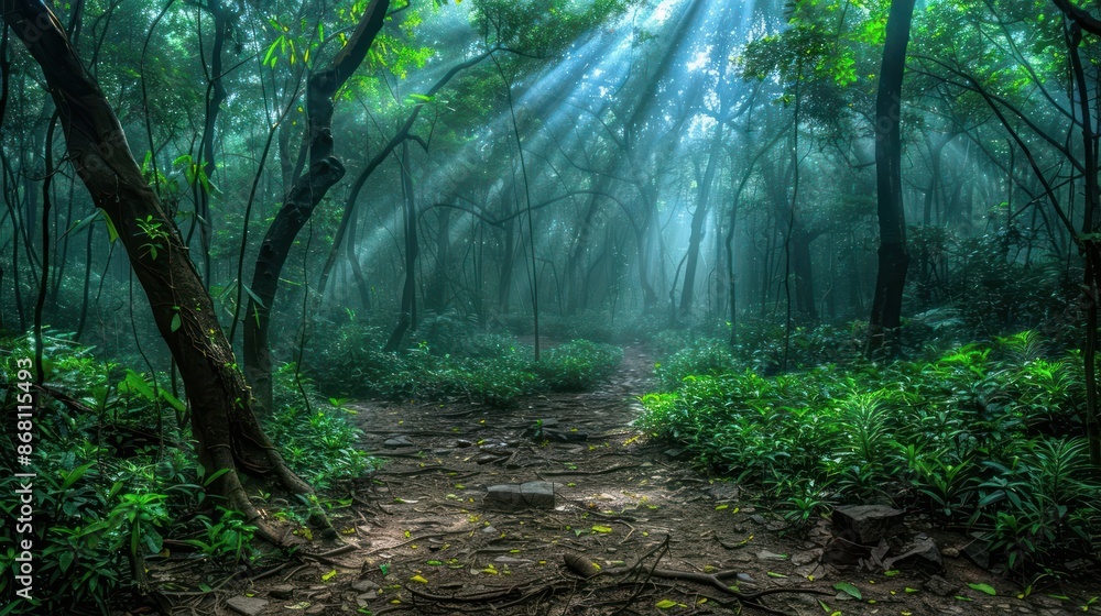 Poster a forest path with sunlight shining through the trees