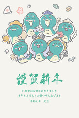 年賀状2025　年賀　2025　七福神　巳年　巳　へび　蛇　手描き　水彩　かわいい　イラスト素材