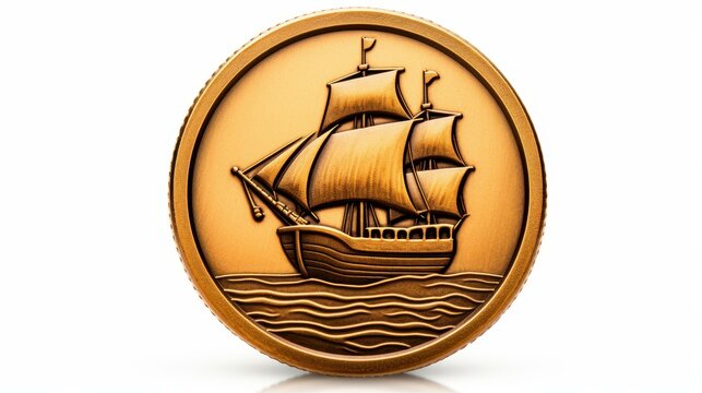 Stunning closeup shot of a gleaming gold doubloon on a crisp white background.