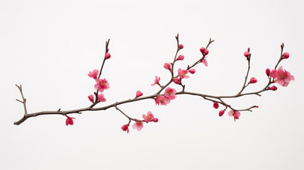 Delicate Cherry Blossom Tree Branch with Pink Flowers on White Background, Serene and Elegant Artwork