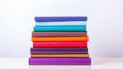 Colorful stack of seven hardcover books on white background.