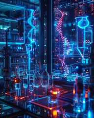 Obraz premium Generative Adversarial Network utilizing algorithmic approaches for non-animal experiments, intricate holographic displays, neon-lit high-tech lab, advanced research technology