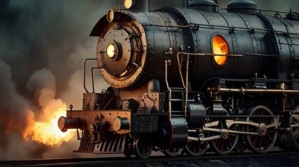 Fototapeta premium Retro locomotive fantastic design train in steampunk style, high speed with fire under wheels.