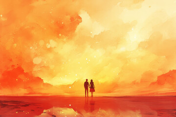 Fototapeta premium Silhouetted Couple Holding Hands at Sunset on Vibrant Orange Sky