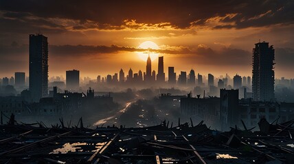 Sunset misty skyline destroyed. Dystopian city with the silhouette of a survivor overlooking the desolate destroyed skyline.