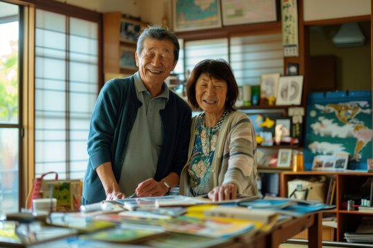 Japanese couple organizing travel memorabilia in their new home, personal and thoughtful, vibrant and inviting
