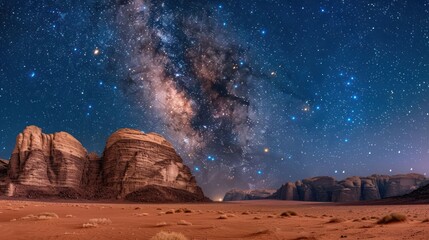 A desert landscape with a large body of milk and a sky full of stars