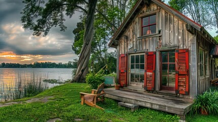 Fototapeta premium lakeside cottage with rustic red Bahama shutters, perfect for cozy evenings by the lake