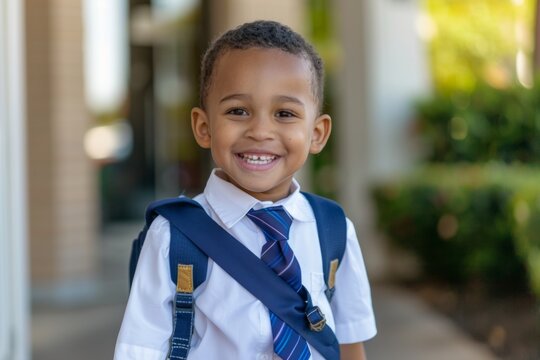 portrait of a little boy stands to go to his first grade class
