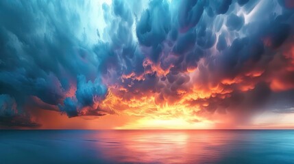 A beautiful sunset over the ocean with a storm in the background