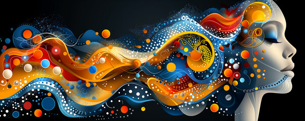 A woman's face is shown in a colorful, abstract style. The colors are bright and the lines are wavy, giving the impression of movement and energy. Scene is one of creativity and freedom