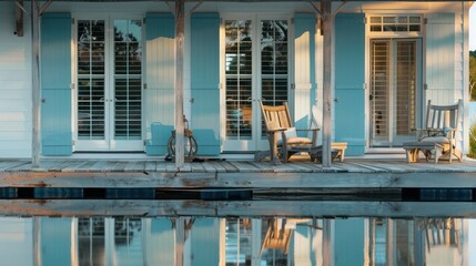 lakeside retreat with azure blue Bahama shutters, reflecting the tranquility of the water