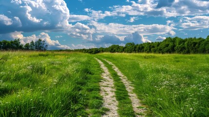 Fototapeta premium path through a green grass field background illustration generated by ai