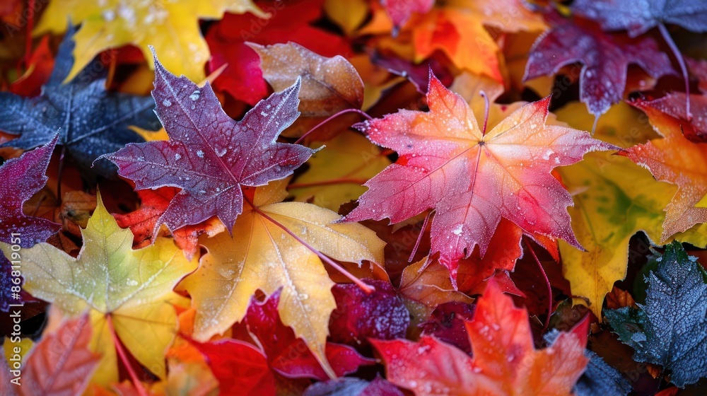 Poster a pile of colorful leaves with some of them being wet