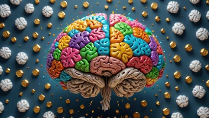 Colorful Brain with Golden Particles.