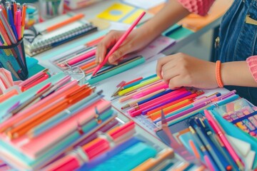 Close-up of Japanese hands organizing stationery in a study area, neat and colorful, focus on detail and order
