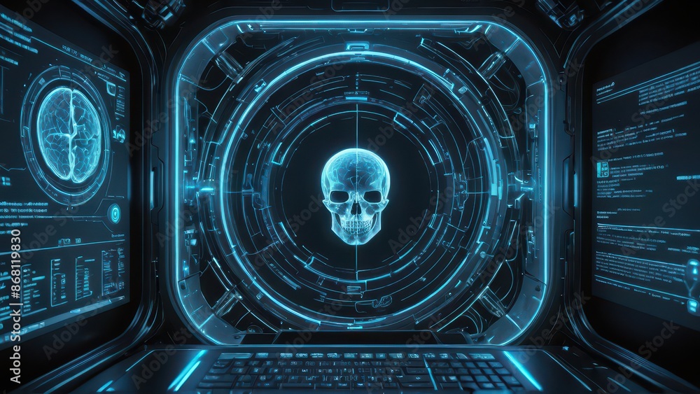 Poster futuristic interface with skull and brain scans.