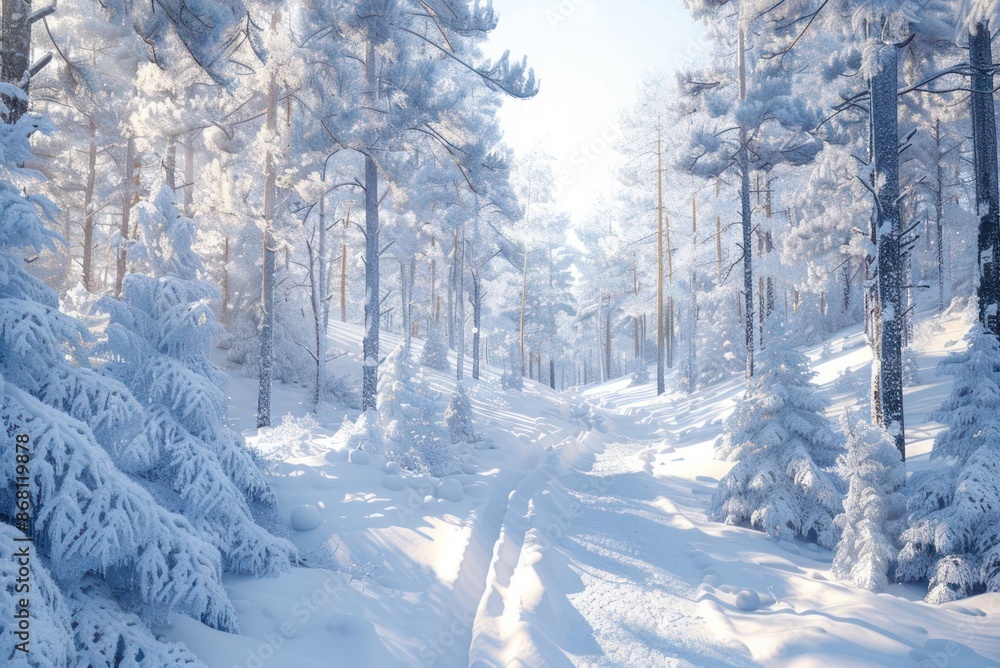 Poster a snowy forest with a path through it