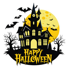 Halloween night background with creepy castle and pumpkins, illustration