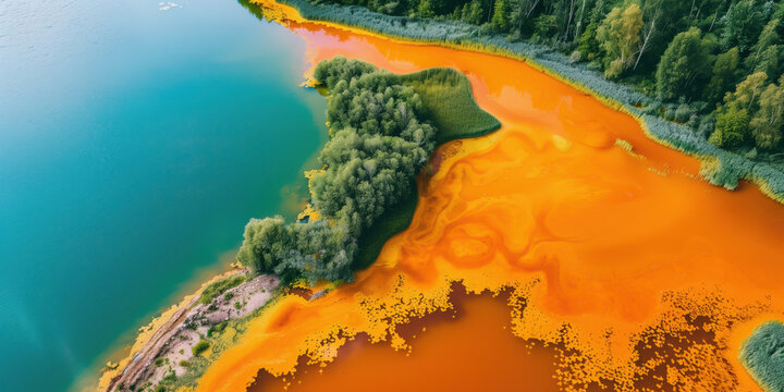 A lake and shoreline from above are coloured orange with heavy iron oxide pollution. A climate change issue.