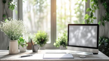 Fototapeta premium Sunlit Home Office with Monitor and Flowers