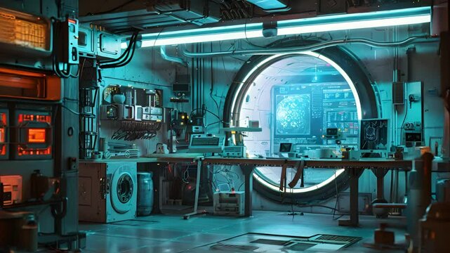 A modern laboratory with glowing screens and complex interfaces