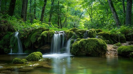 Obraz premium A tranquil forest scene with a small waterfall and moss-covered rocks