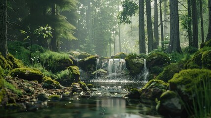 Fototapeta premium A tranquil forest scene with a small waterfall and moss-covered rocks