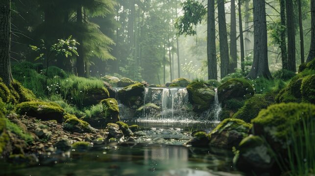 A tranquil forest scene with a small waterfall and moss-covered rocks