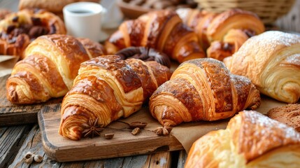 A variety of freshly baked pastries and croissants on a rustic wooden table