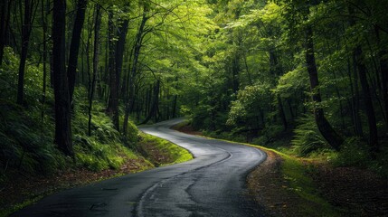 A winding road through a dense forest, highlighting the concept of a journey or adventure