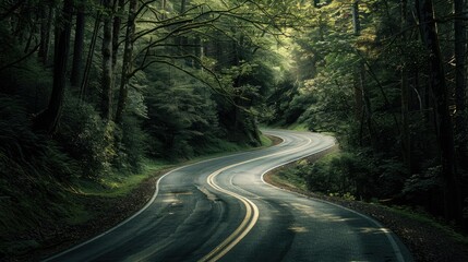 Fototapeta premium A winding road through a dense forest, highlighting the concept of a journey or adventure